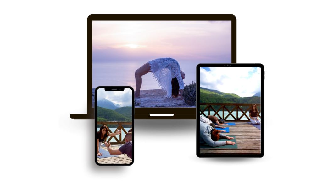 Image of a laptop, iPad, and phone displaying embodiment practices.