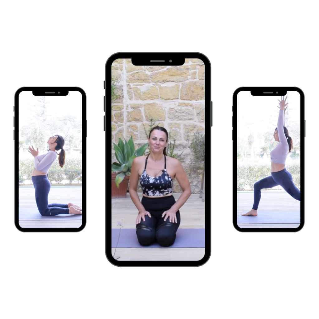 3 phone screens with embodied yoga poses